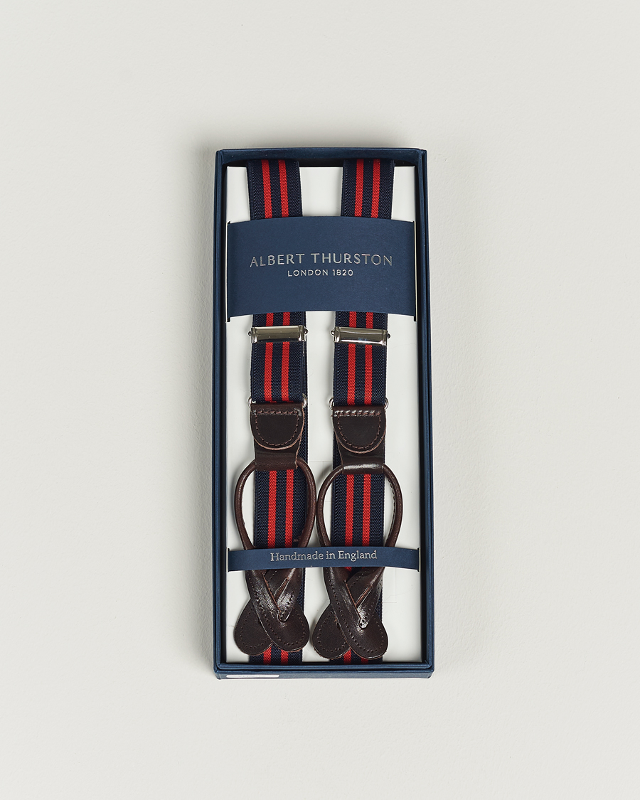 Mies | Albert Thurston Elastic Narrow Stripe Braces 25mm Navy/Red | Albert Thurston | Elastic Narrow Stripe Braces 25mm Navy/Red