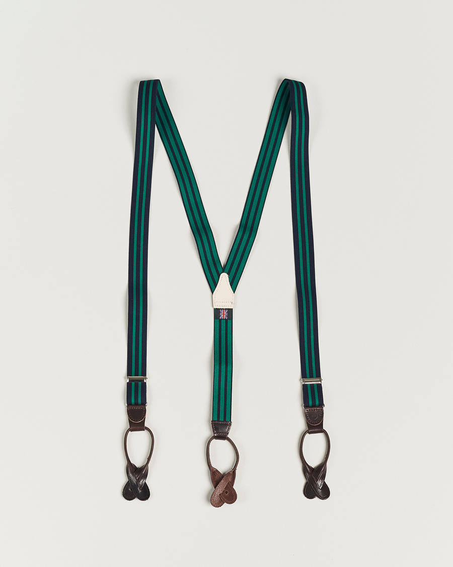 Mies | Albert Thurston Elastic Narrow Stripe Braces 25mm Navy/Green | Albert Thurston | Elastic Narrow Stripe Braces 25mm Navy/Green
