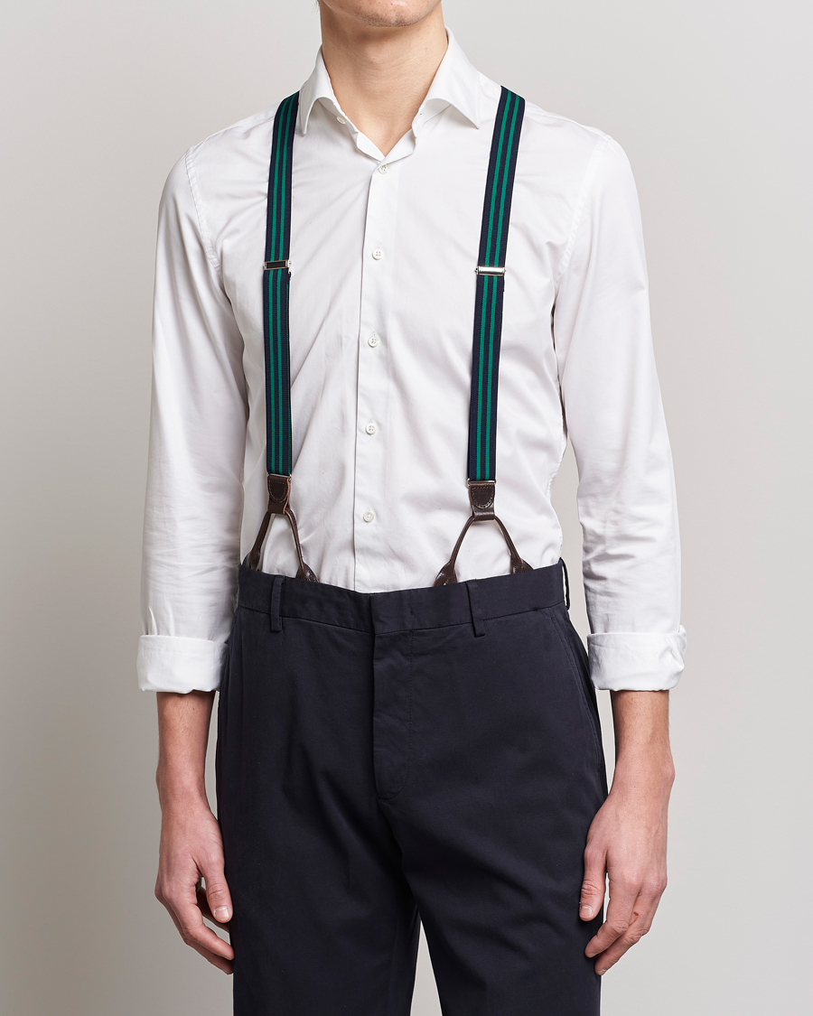 Mies | Albert Thurston Elastic Narrow Stripe Braces 25mm Navy/Green | Albert Thurston | Elastic Narrow Stripe Braces 25mm Navy/Green