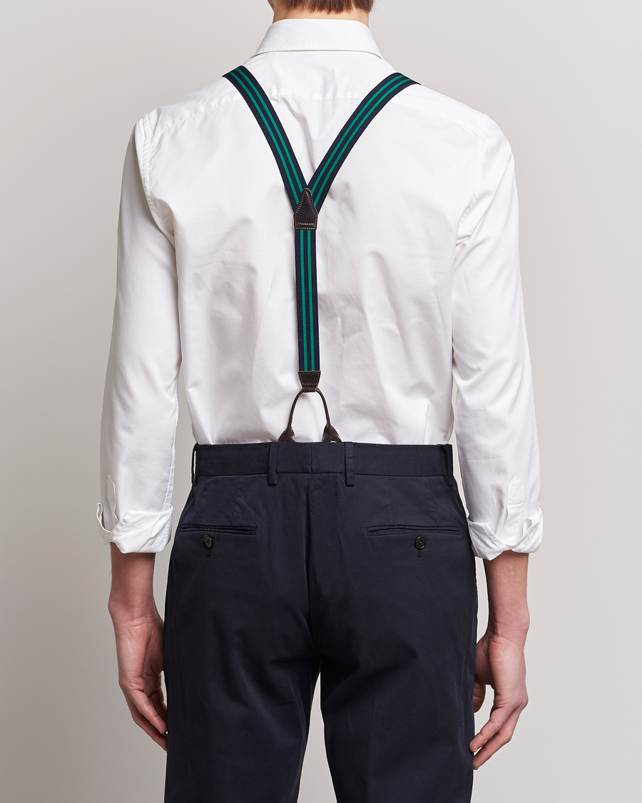 Mies | Albert Thurston Elastic Narrow Stripe Braces 25mm Navy/Green | Albert Thurston | Elastic Narrow Stripe Braces 25mm Navy/Green