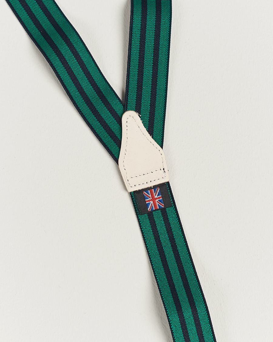 Mies | Albert Thurston Elastic Narrow Stripe Braces 25mm Navy/Green | Albert Thurston | Elastic Narrow Stripe Braces 25mm Navy/Green