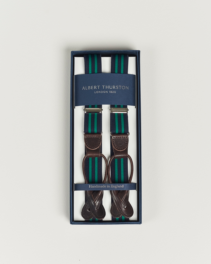 Mies | Albert Thurston Elastic Narrow Stripe Braces 25mm Navy/Green | Albert Thurston | Elastic Narrow Stripe Braces 25mm Navy/Green