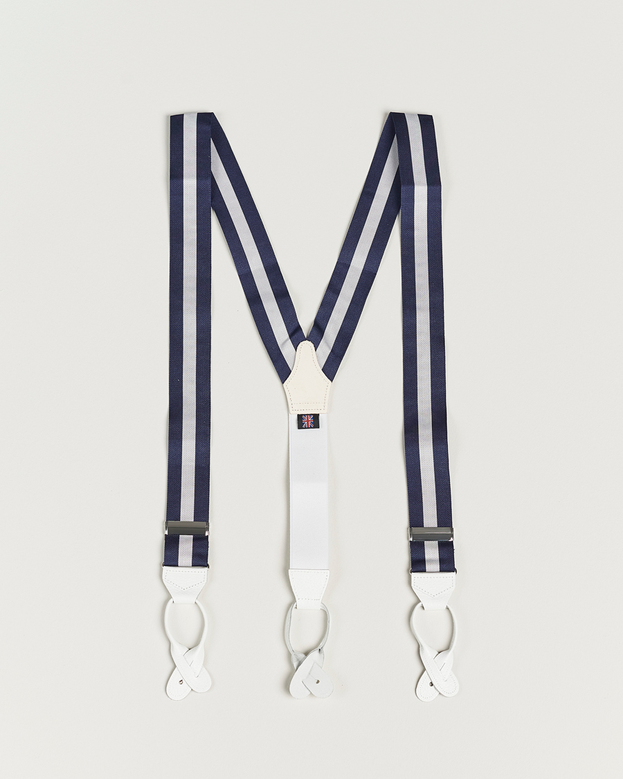 Mies | Albert Thurston Elastic Wide Stripe Braces 40mm Navy/White | Albert Thurston | Elastic Wide Stripe Braces 40mm Navy/White