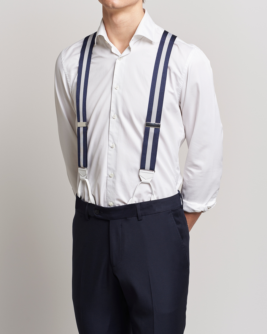 Mies | Albert Thurston Elastic Wide Stripe Braces 40mm Navy/White | Albert Thurston | Elastic Wide Stripe Braces 40mm Navy/White