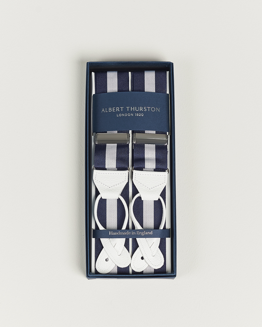 Mies | Albert Thurston Elastic Wide Stripe Braces 40mm Navy/White | Albert Thurston | Elastic Wide Stripe Braces 40mm Navy/White