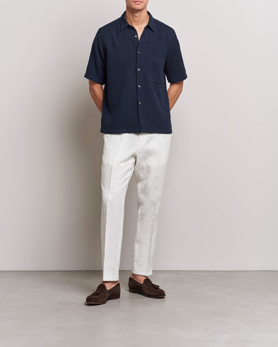 Mies | Kauluspaidat | Oscar Jacobson | Short Sleeve City Crepe Cotton Shirt Navy