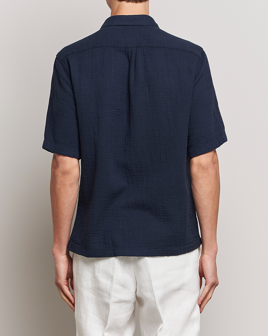 Mies | Kauluspaidat | Oscar Jacobson | Short Sleeve City Crepe Cotton Shirt Navy