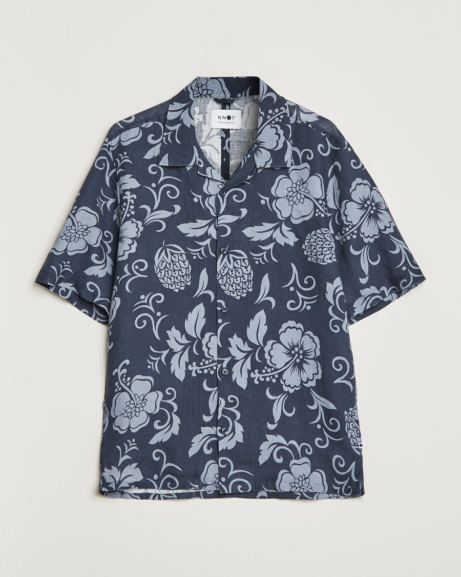 Mies |  | NN07 | Ole Short Sleeve Printed Linen Shirt Navy