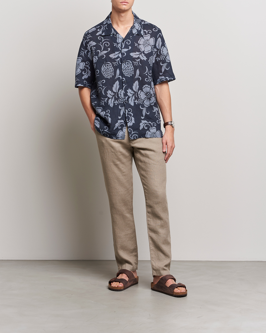 Mies | Kauluspaidat | NN07 | Ole Short Sleeve Printed Linen Shirt Navy