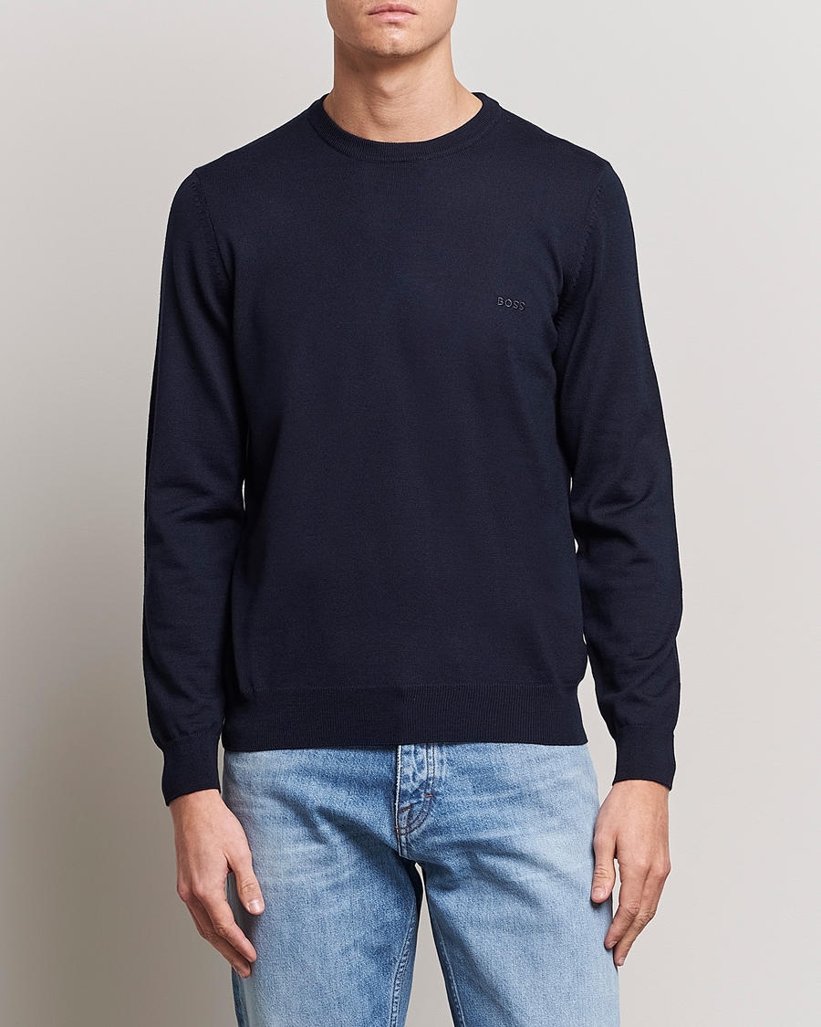 Mies | Neuleet | BOSS BLACK | Botto Wool Knitted Crew Neck Sweater Dark Blue
