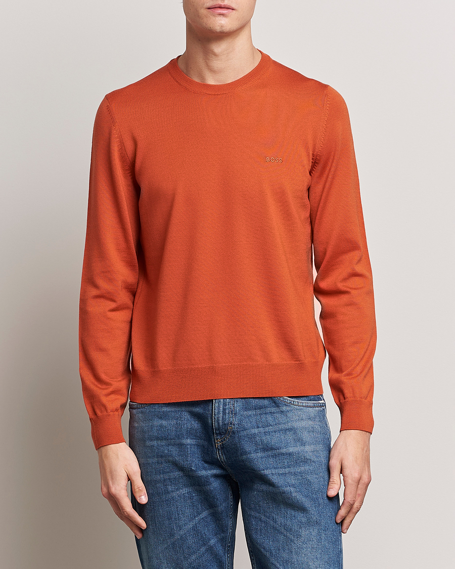 Mies | Puserot | BOSS BLACK | Botto Wool Knitted Crew Neck Sweater Dark Orange