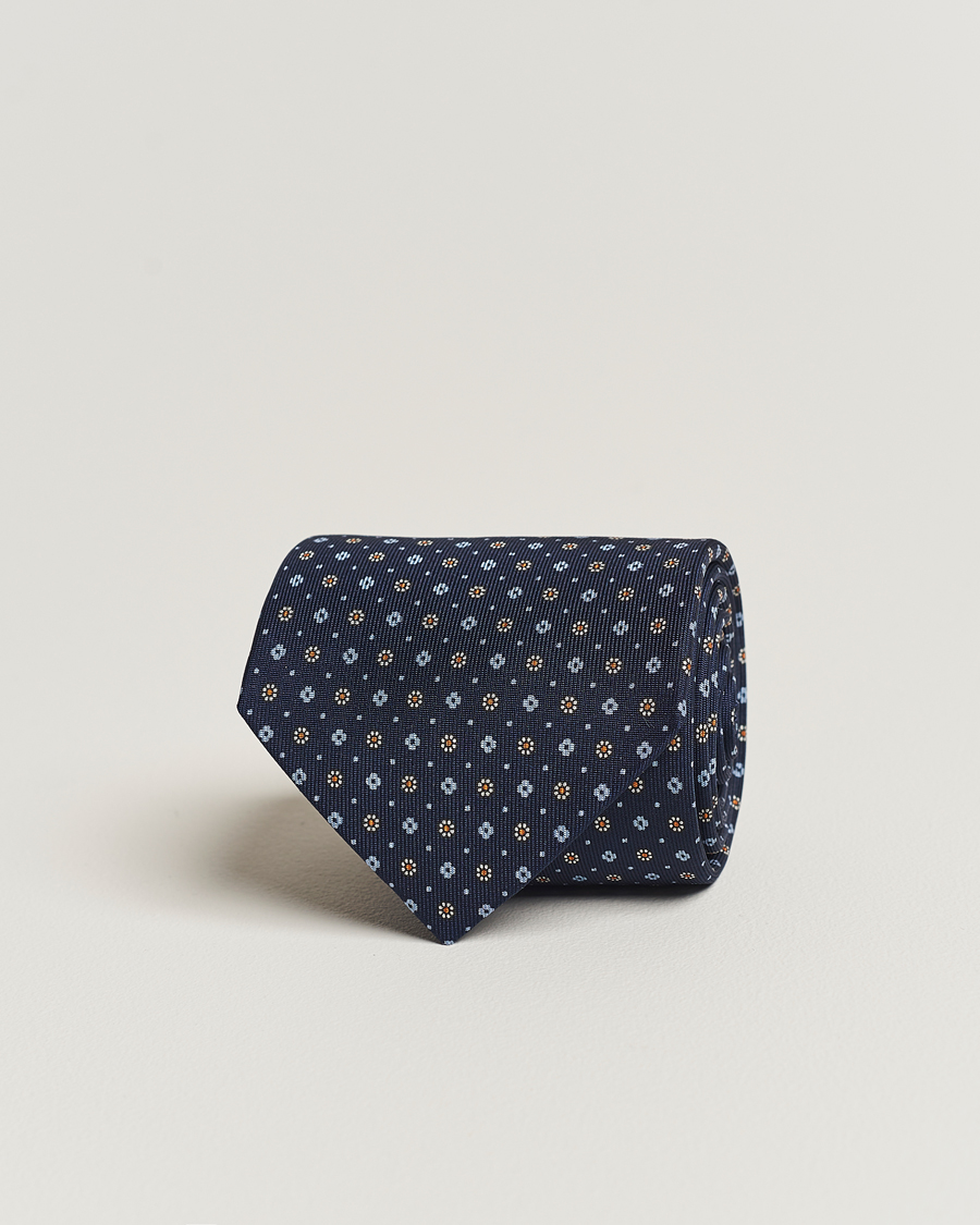 Mies | E. Marinella 3-Fold Printed Silk Tie Navy | E. Marinella | 3-Fold Printed Silk Tie Navy
