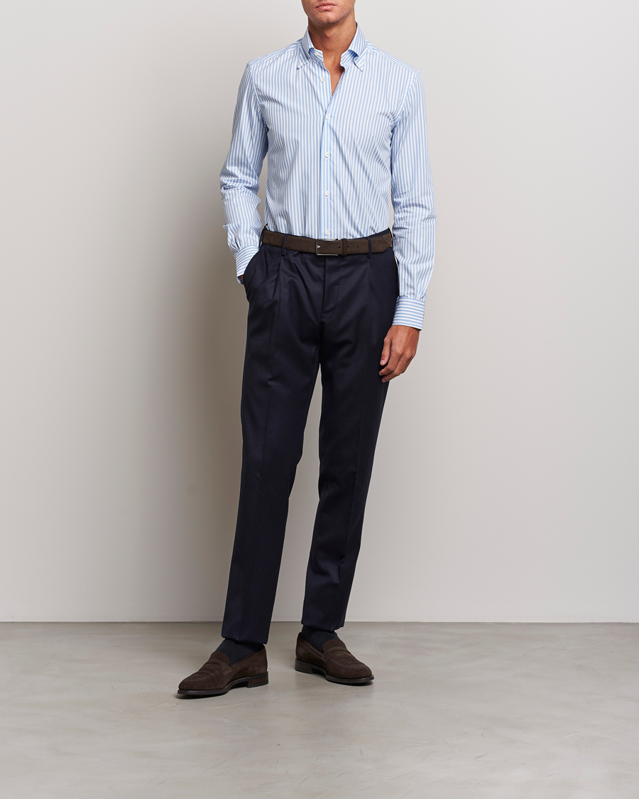 Mies | Kauluspaidat | Mazzarelli | Soft Button Down Striped Shirt Light Blue