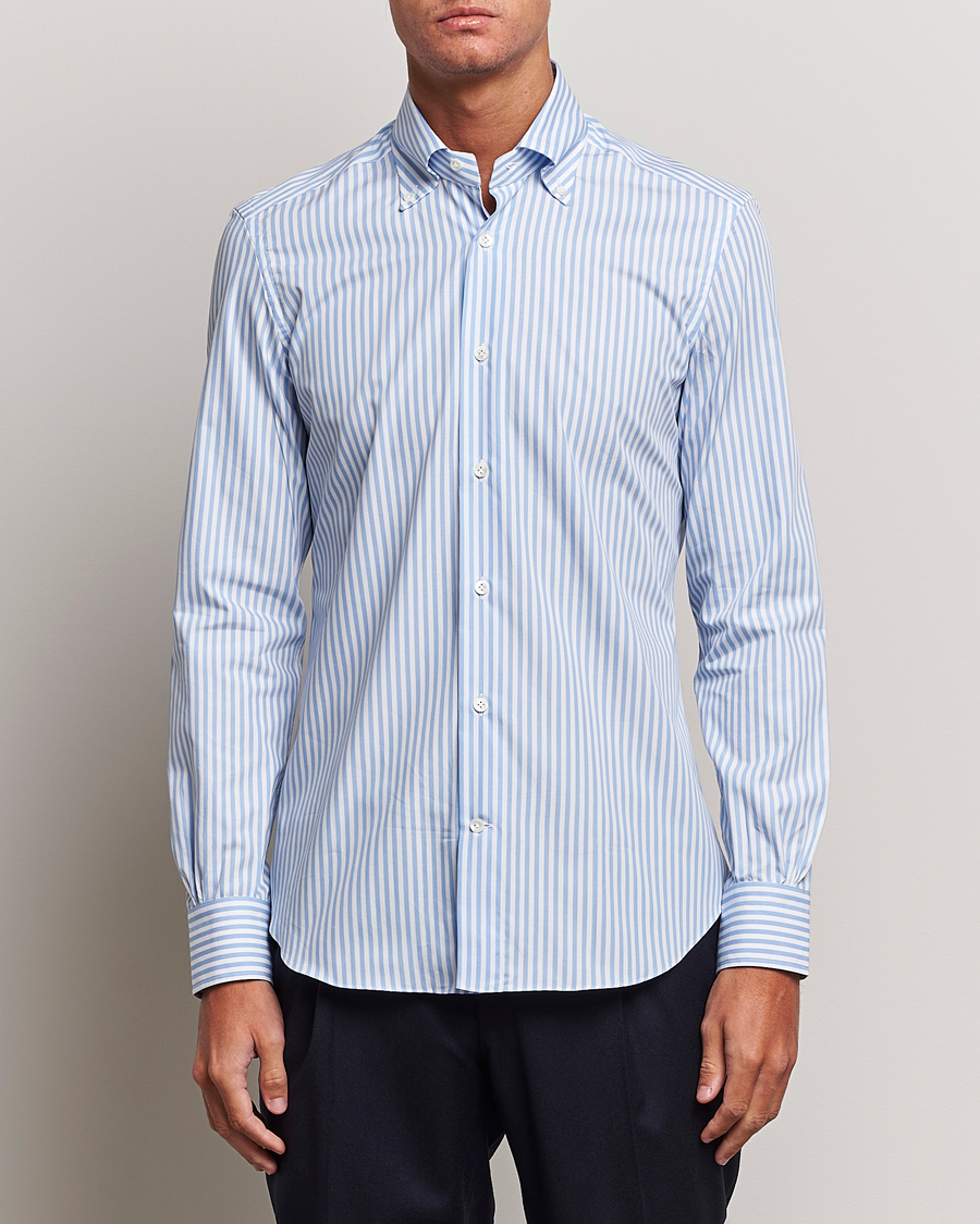 Mies |  | Mazzarelli | Soft Button Down Striped Shirt Light Blue