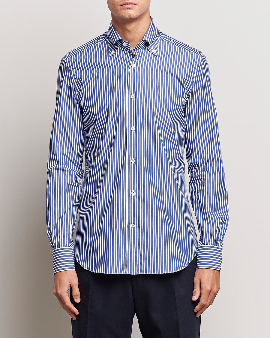 Mies | Kauluspaidat | Mazzarelli | Soft Button Down Striped Shirt Dark Blue