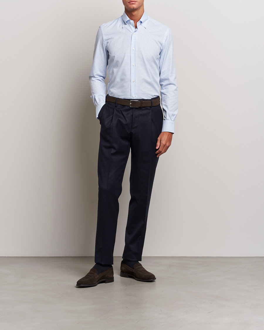 Mies | Kauluspaidat | Mazzarelli | Soft Button Down Checked Shirt Light Blue