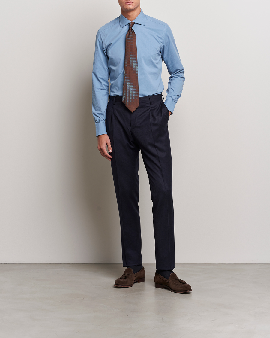 Mies | Kauluspaidat | Mazzarelli | Soft Twill Cotton Shirt Light Blue