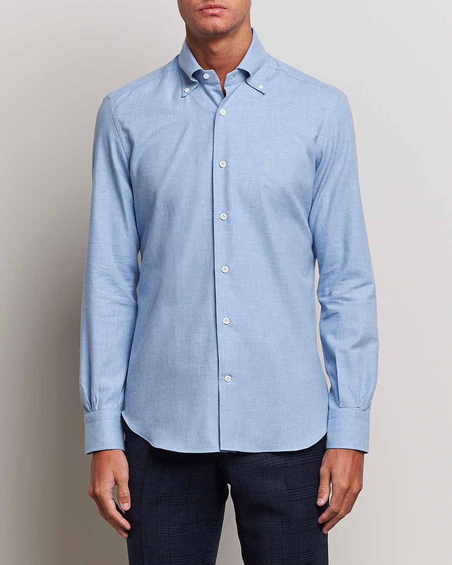 Mies | Kauluspaidat | Mazzarelli | Soft Button Down Flannel Shirt Light Blue