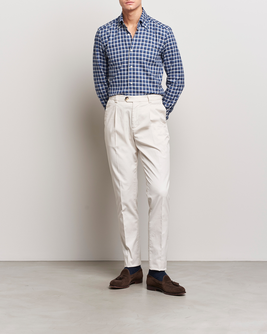 Mies | Kauluspaidat | Mazzarelli | Soft Button Down Flannel Shirt Dark Blue