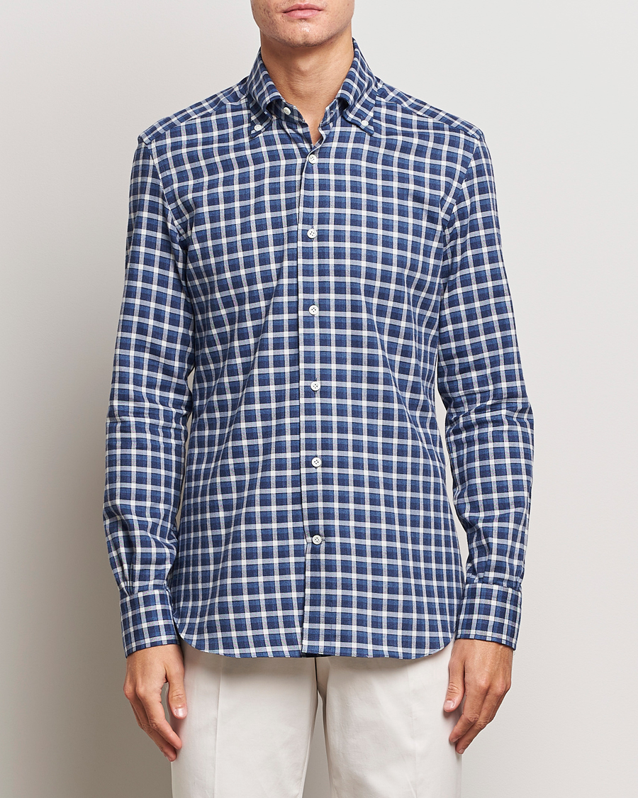 Mies | Kauluspaidat | Mazzarelli | Soft Button Down Flannel Shirt Dark Blue