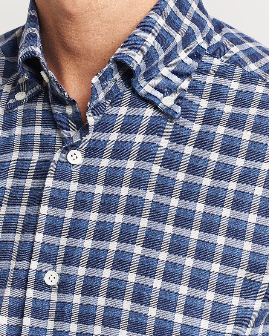 Mies | Kauluspaidat | Mazzarelli | Soft Button Down Flannel Shirt Dark Blue