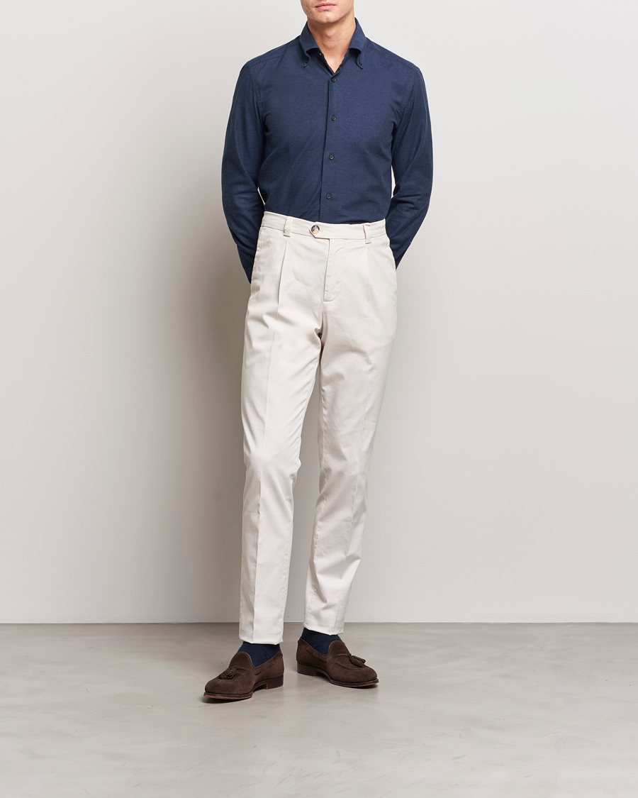 Mies | Kauluspaidat | Mazzarelli | Soft Button Down Flannel Shirt Navy