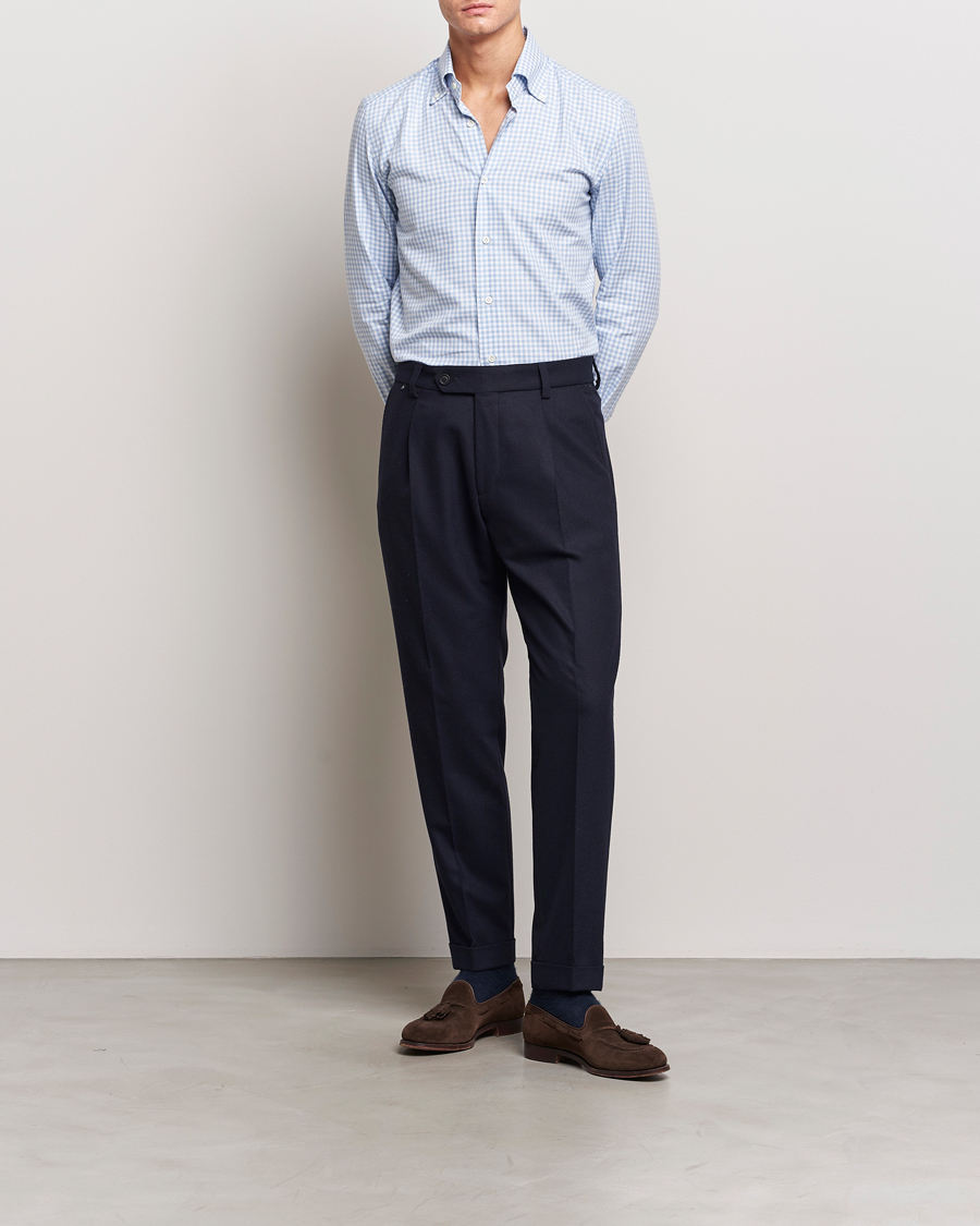 Mies | Kauluspaidat | Mazzarelli | Soft Button Down Flannel Shirt Light Blue
