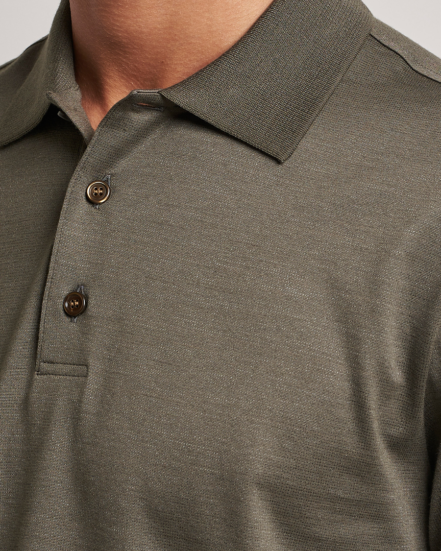 Mies | Pikeet | Brioni | Cotton/Silk Short Sleeve Polo Olive Green