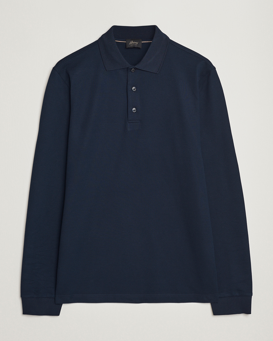Mies | Puserot | Brioni | Cotton Piquet Long Sleeve Polo Navy