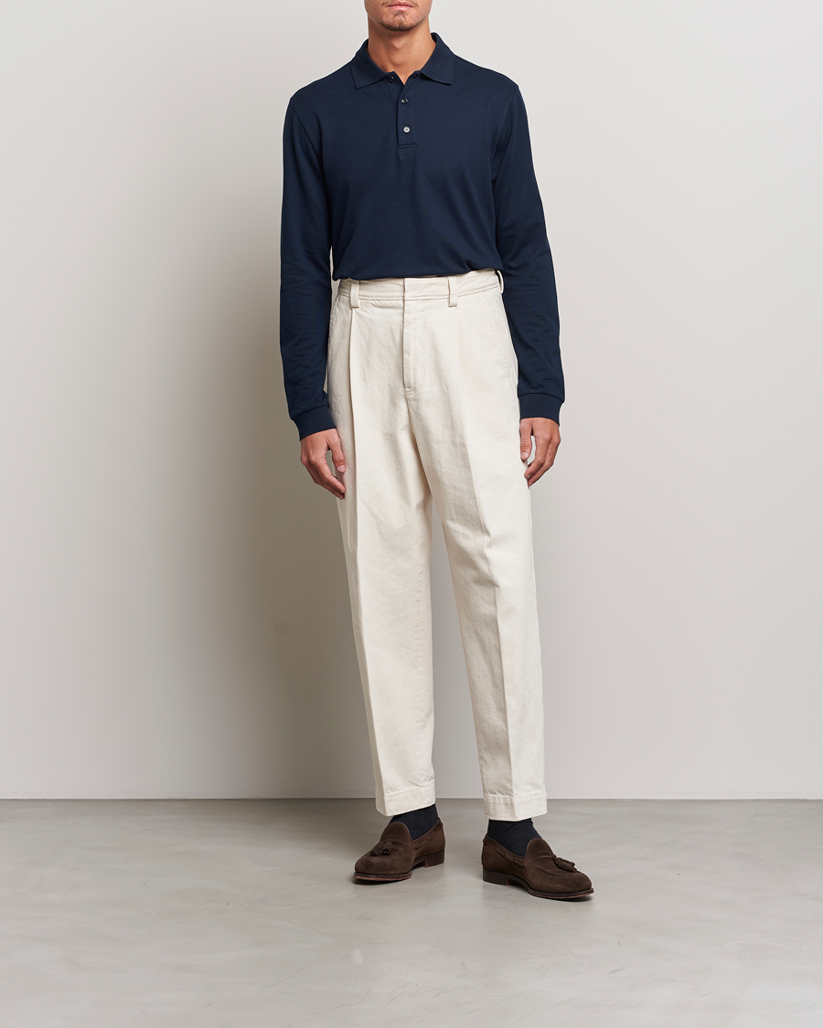 Mies | Puserot | Brioni | Cotton Piquet Long Sleeve Polo Navy