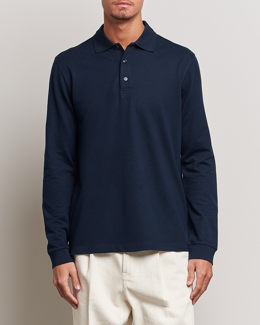 Mies | Puserot | Brioni | Cotton Piquet Long Sleeve Polo Navy