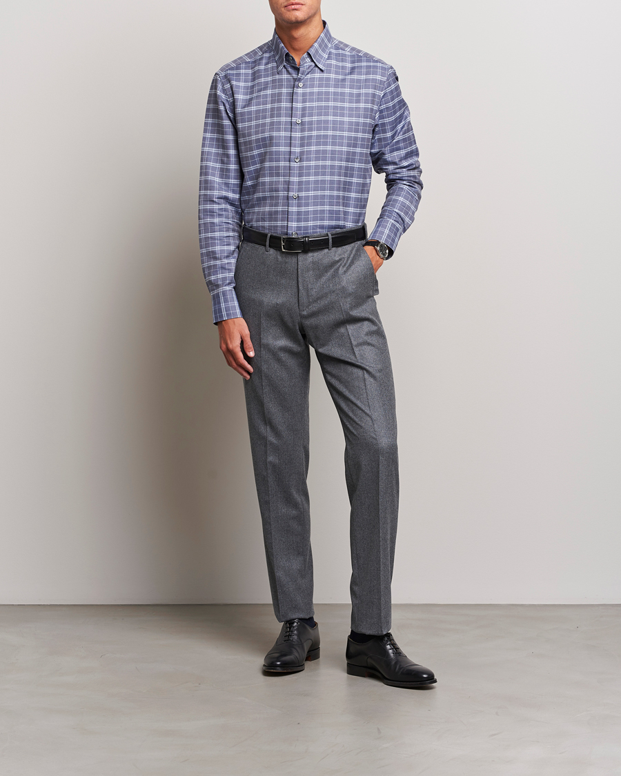 Mies | Kauluspaidat | Brioni | Slim Fit Check Flannel Shirt Dark Blue