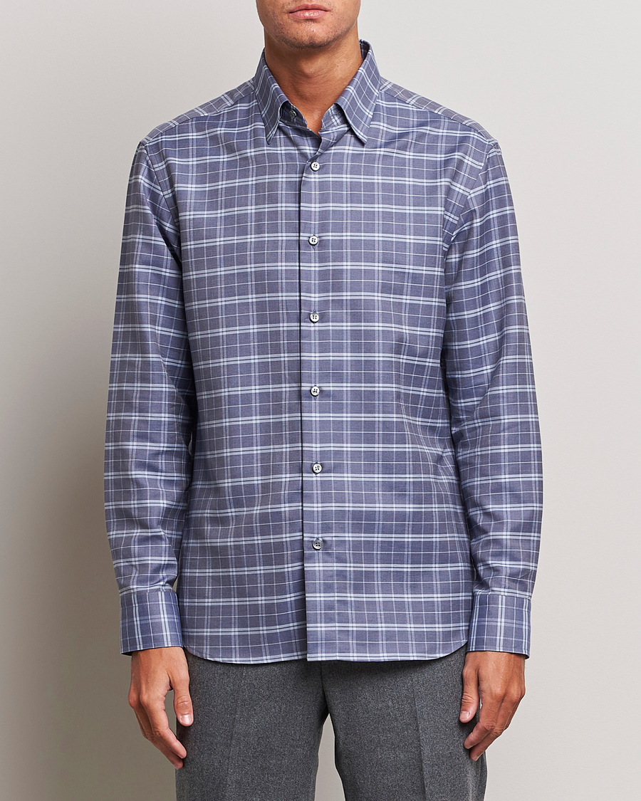 Mies | Kauluspaidat | Brioni | Slim Fit Check Flannel Shirt Dark Blue