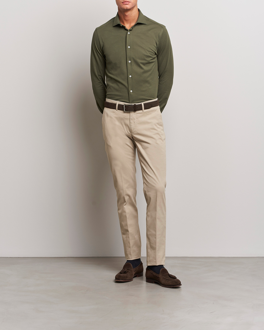 Mies | Kauluspaidat | Canali | Slim Fit Pique Shirt Dark Green