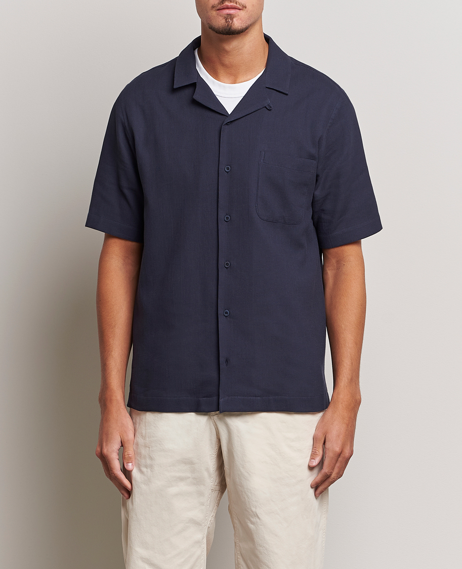Mies | Kauluspaidat | Sunspel | Waffle Camp Collar Shirt Navy