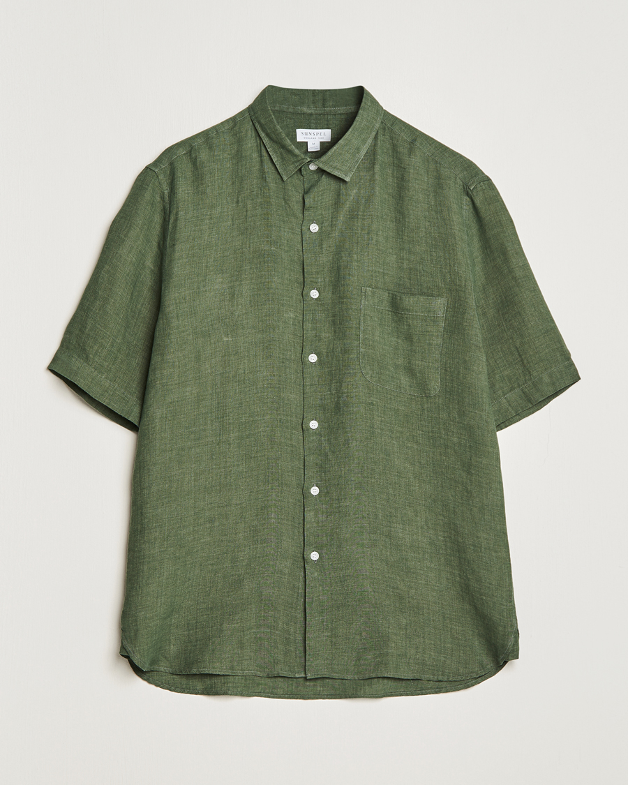 Mies | Kauluspaidat | Sunspel | Short Sleeve Linen Shirt Hunter Green