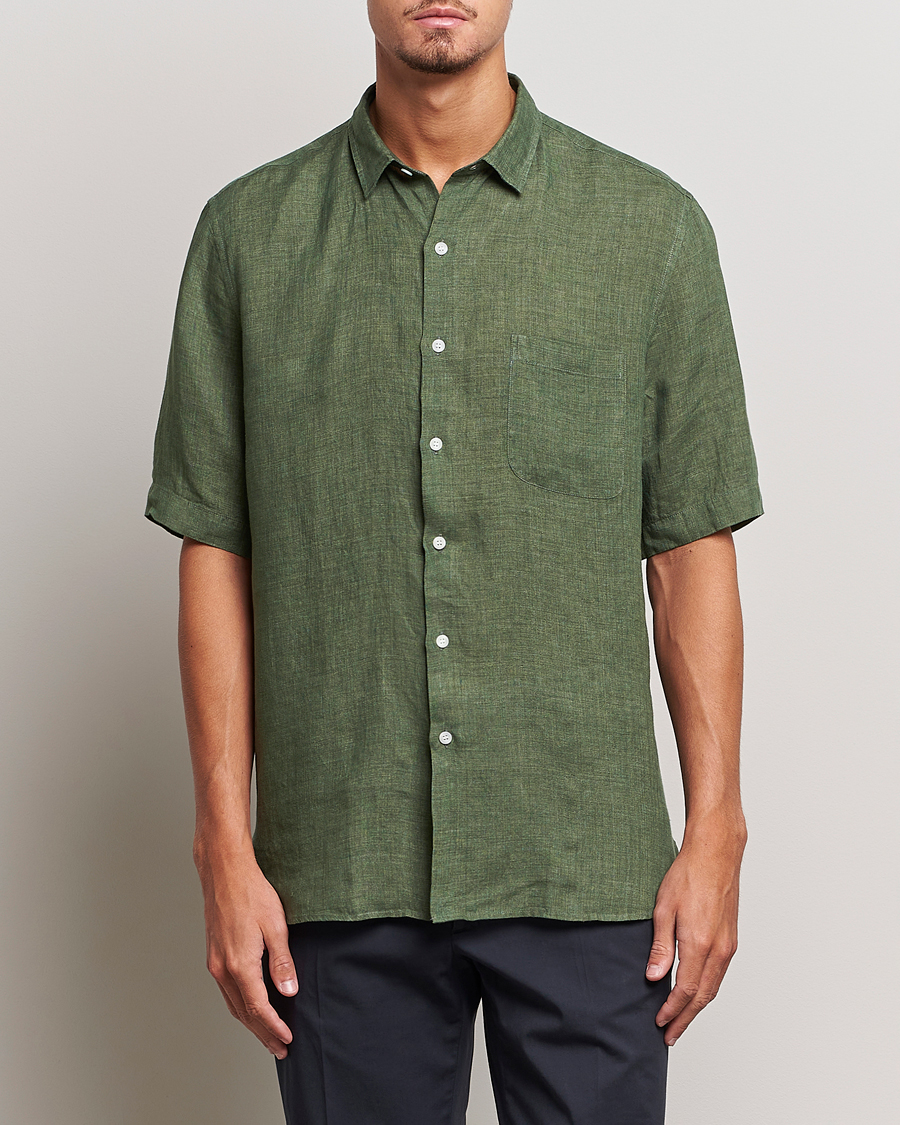 Mies | Kauluspaidat | Sunspel | Short Sleeve Linen Shirt Hunter Green