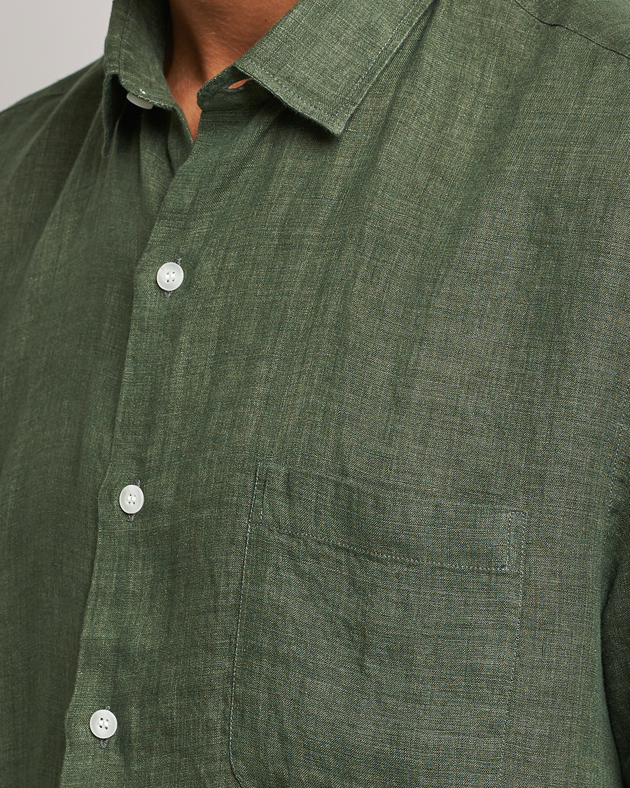 Mies | Kauluspaidat | Sunspel | Short Sleeve Linen Shirt Hunter Green