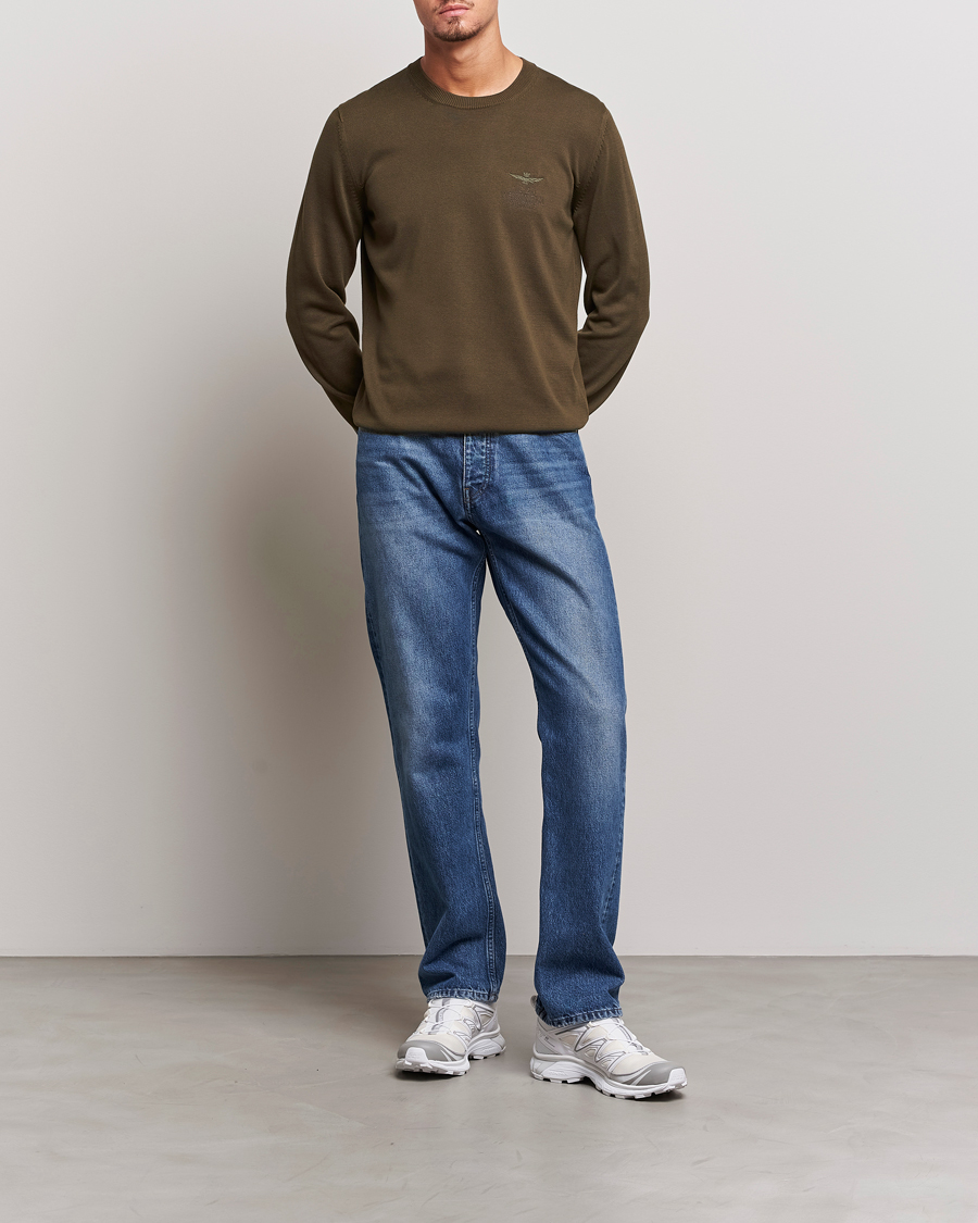 Mies | Puserot | Aeronautica Militare | Cotton Knitted Crew Neck Off Green
