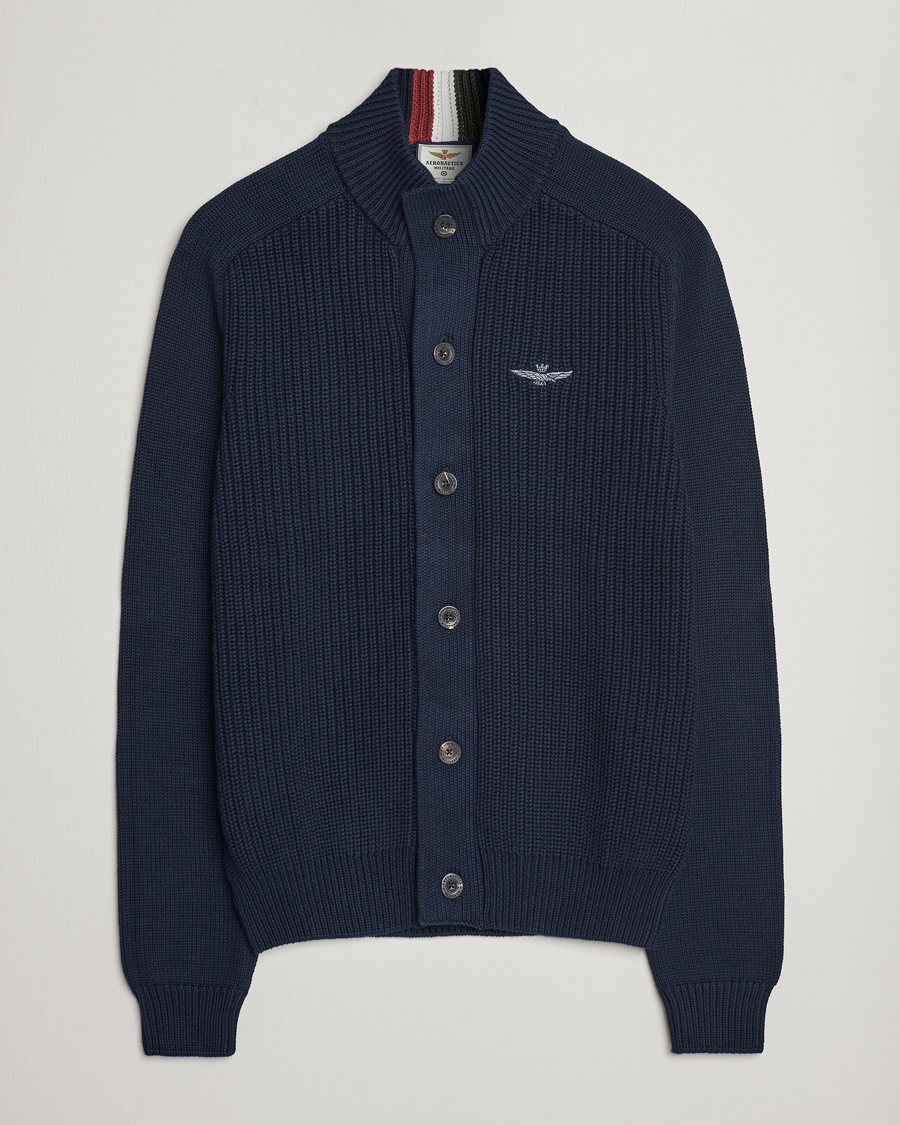 Mies | Aeronautica Militare | Aeronautica Militare | Cotton Ribbed Knitted Cardigan Dark Blue