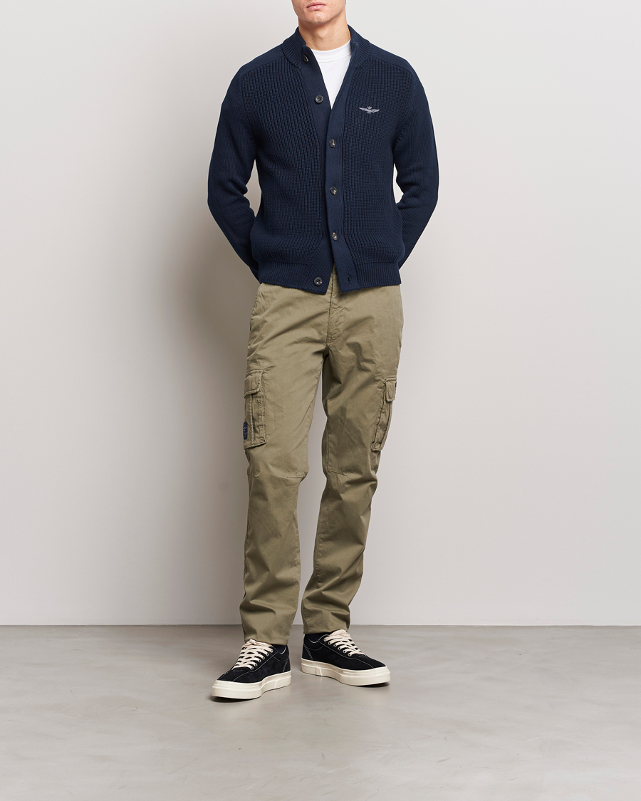 Mies | Puserot | Aeronautica Militare | Cotton Ribbed Knitted Cardigan Dark Blue
