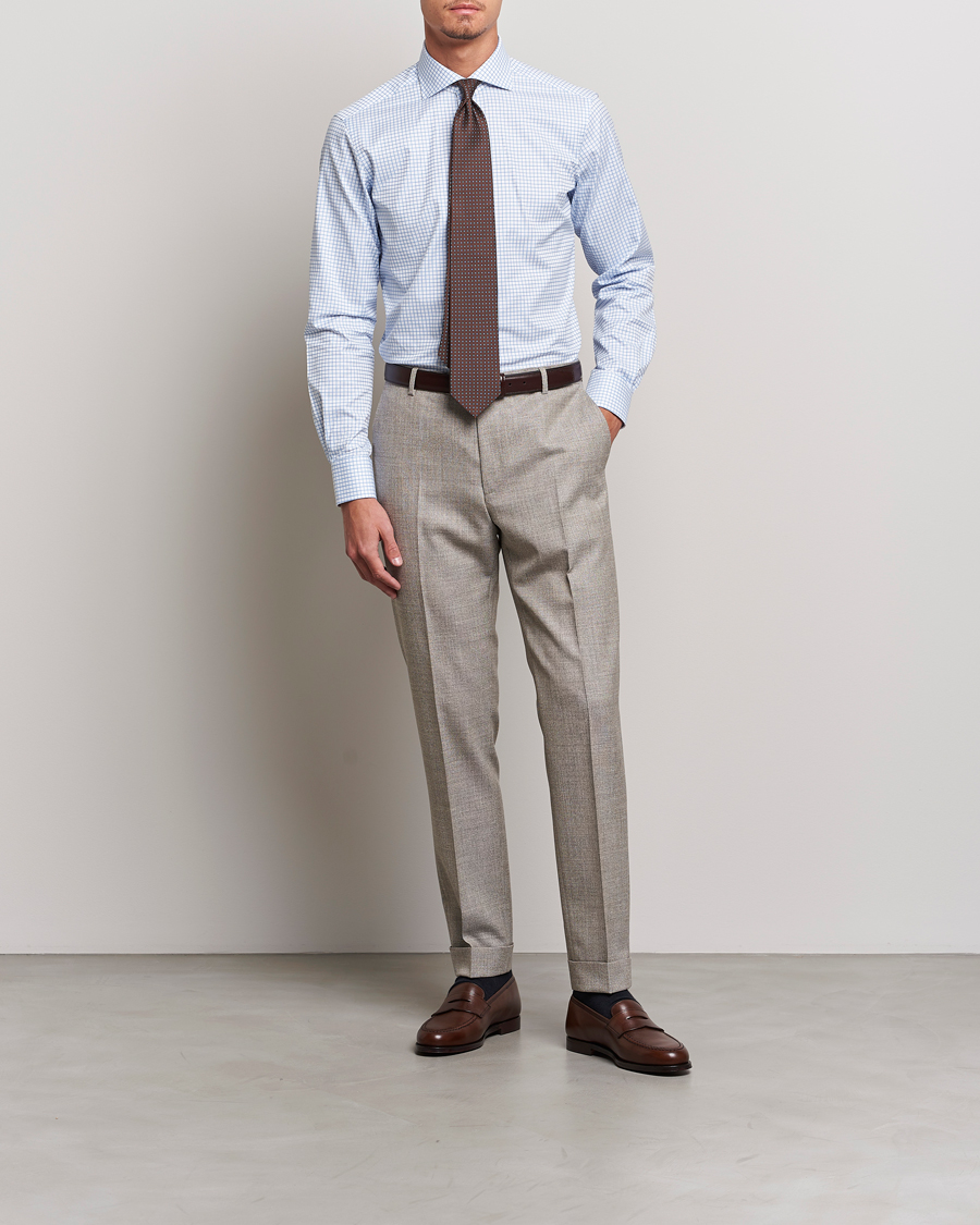 Mies | Kauluspaidat | Kamakura Shirts | Slim Fit Twill Spread Shirt Sky Blue Check