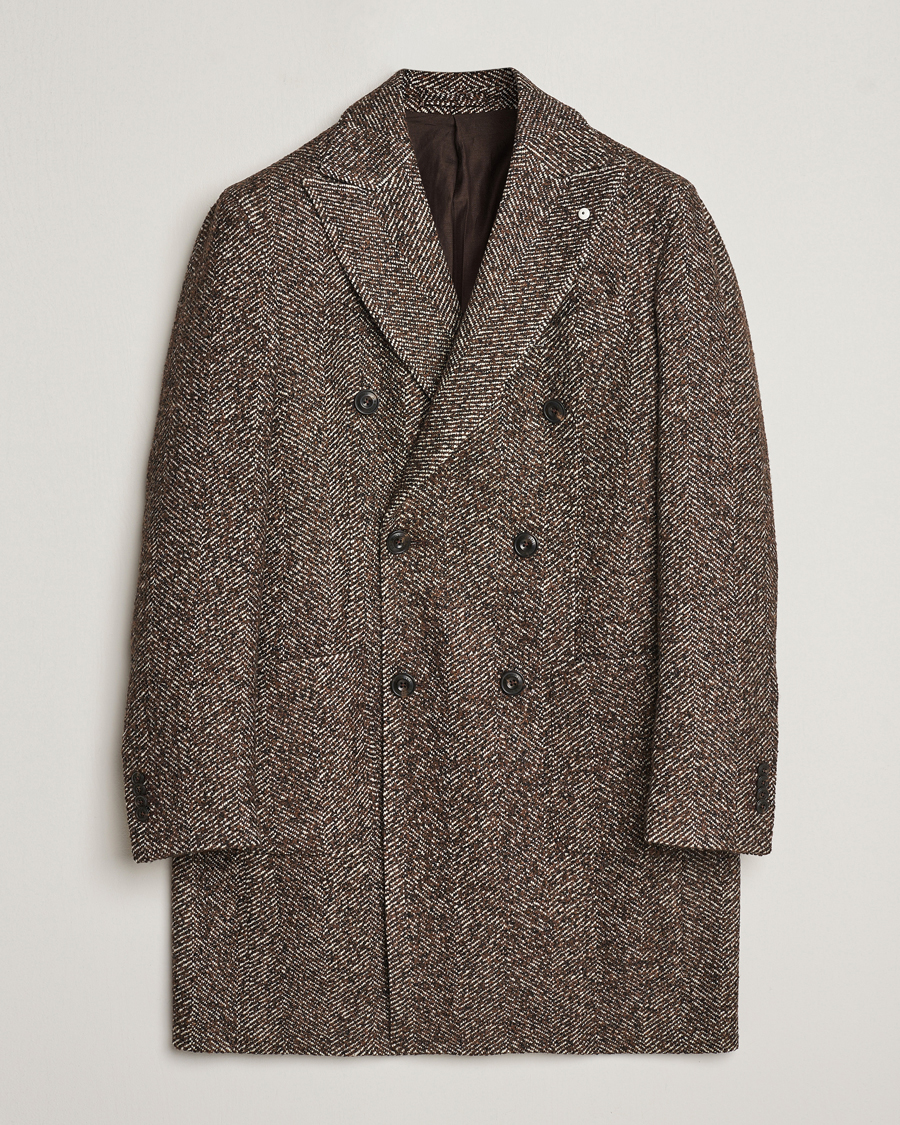 Mies | Päällystakit | L.B.M. 1911 | Double Breasted Herringbone Wool Coat Brown