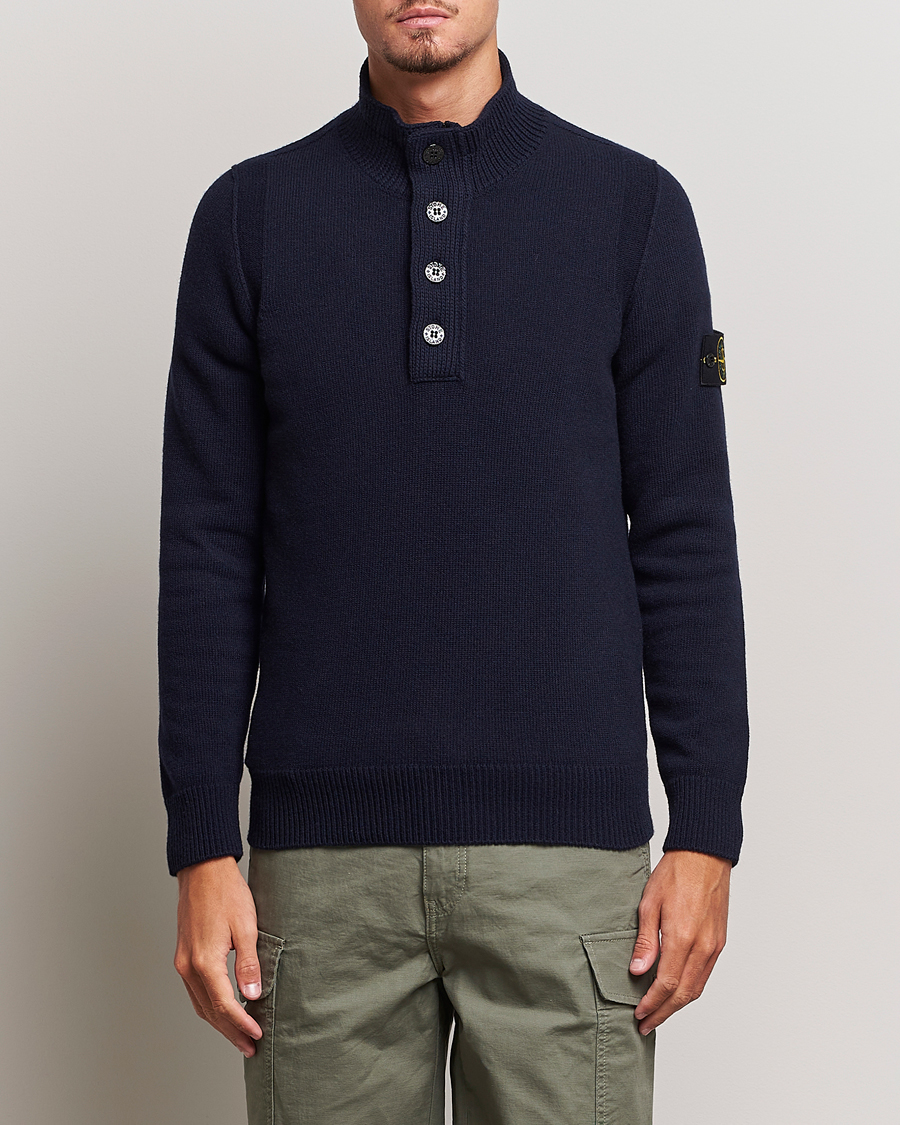 Mies | Puserot | Stone Island | Knitted Lambwool Half Button Zip Navy Blue