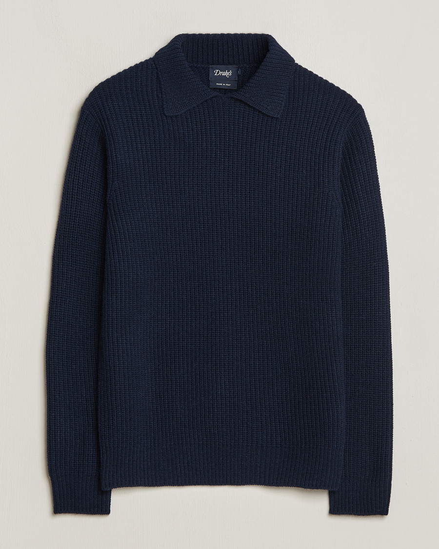 Mies | Puserot | Drake's | Integral Collar Ribbed Jumper Navy