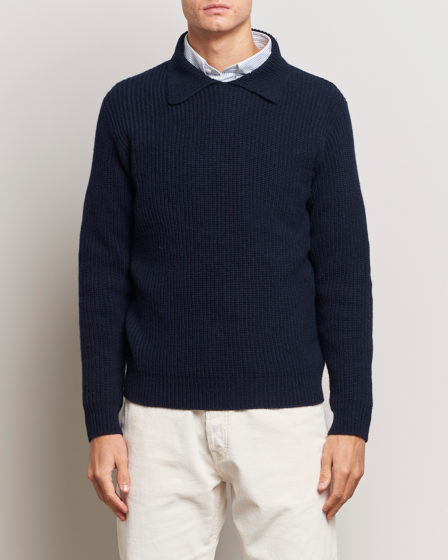 Mies | Puserot | Drake's | Integral Collar Ribbed Jumper Navy
