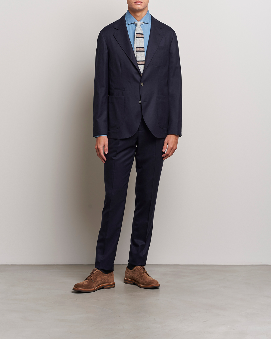 Mies | Housut | Brunello Cucinelli | Slim Fit Pleated Flannel Trousers Navy