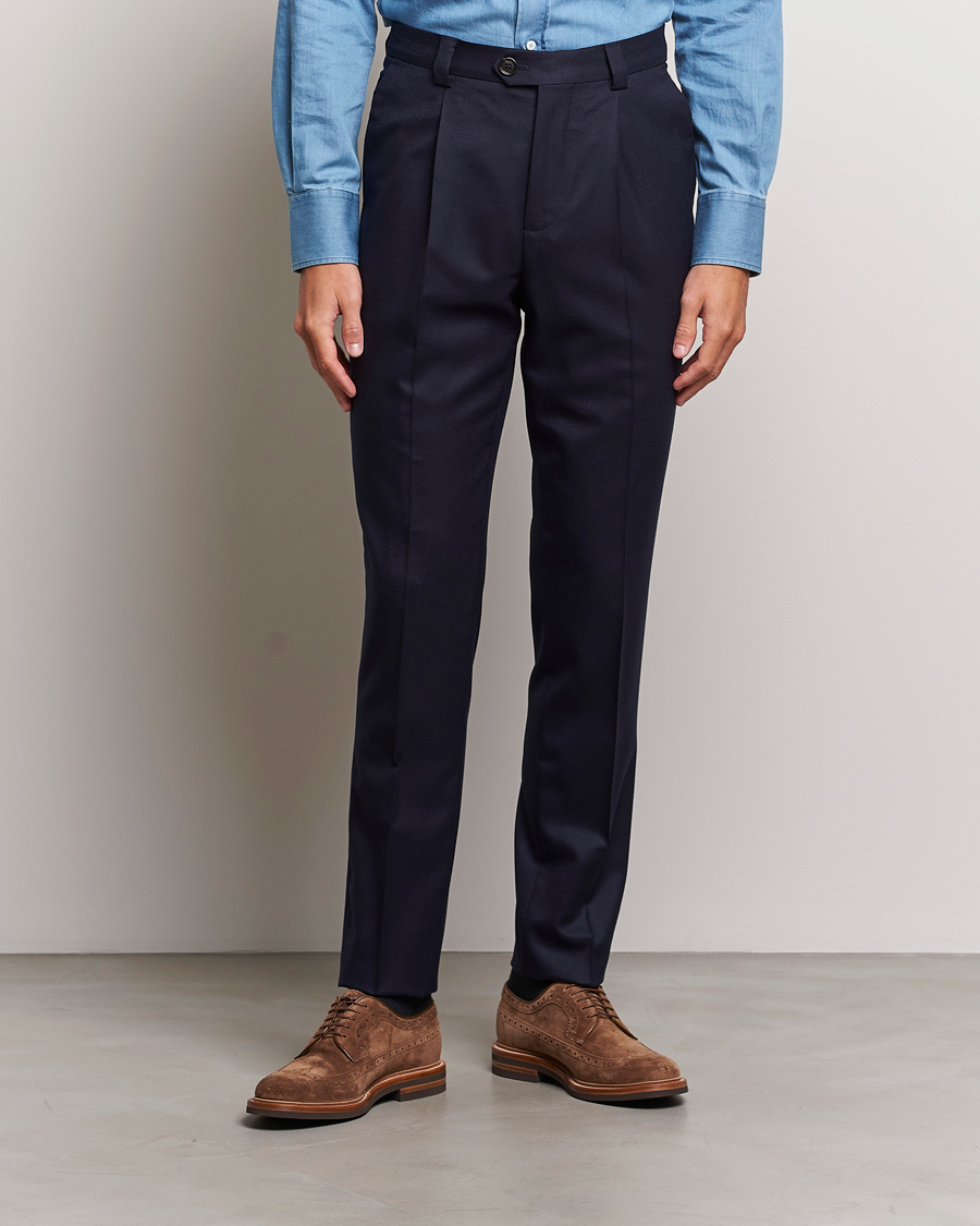 Mies | Housut | Brunello Cucinelli | Slim Fit Pleated Flannel Trousers Navy