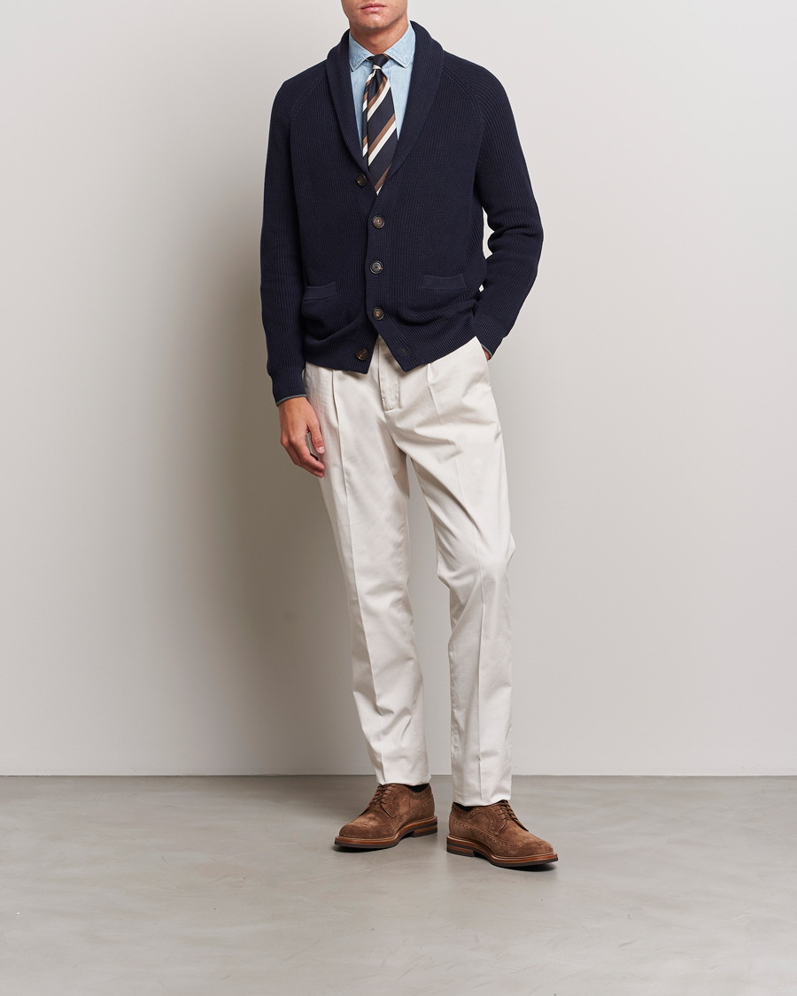 Mies | Puserot | Brunello Cucinelli | Rib Wool Shawl Collar Cardigan Navy
