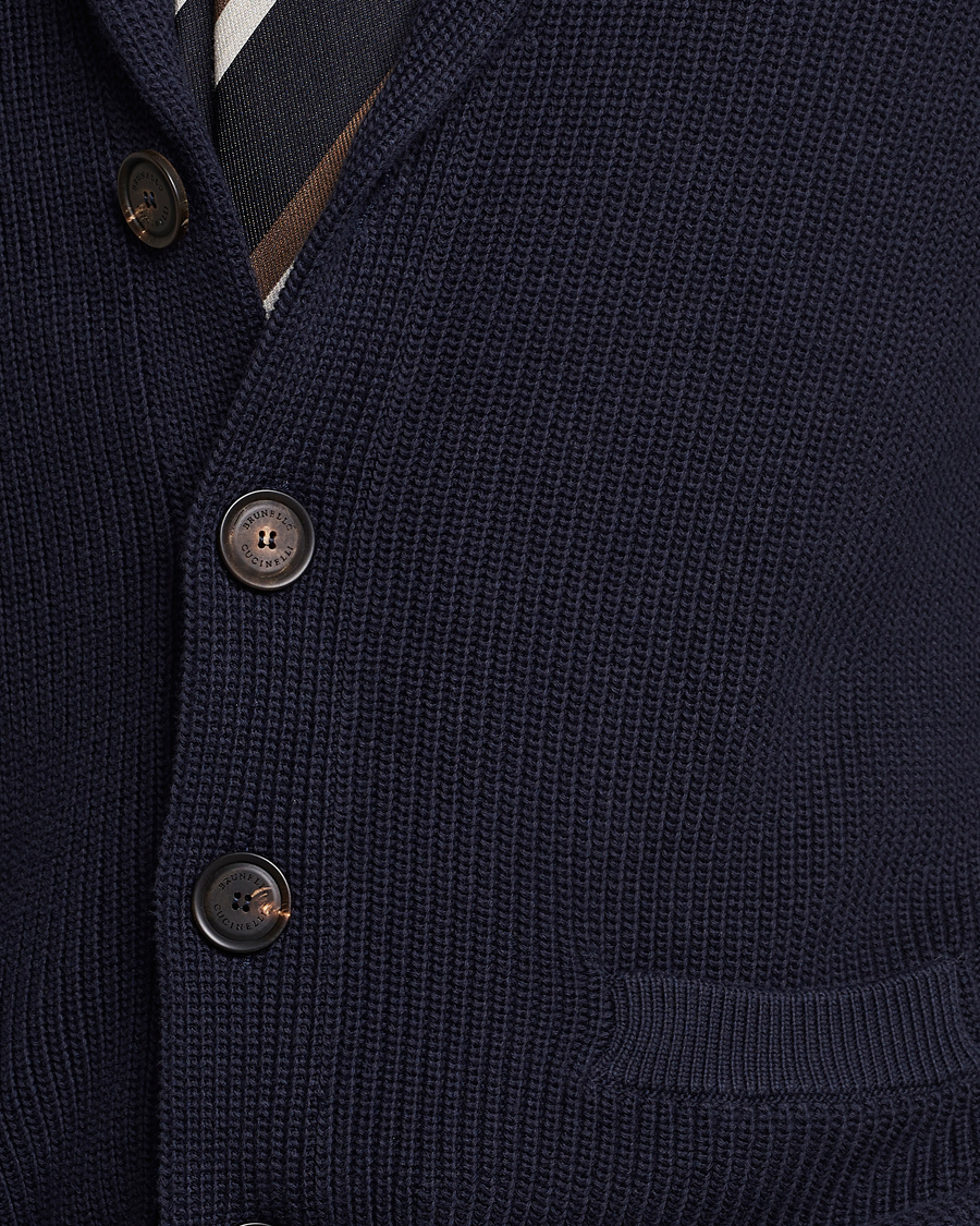 Mies | Puserot | Brunello Cucinelli | Rib Wool Shawl Collar Cardigan Navy